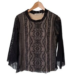 Liberty Love Black‎ Lace Bell Sleeve Top Sheer Overlay Mock Neck Size M
